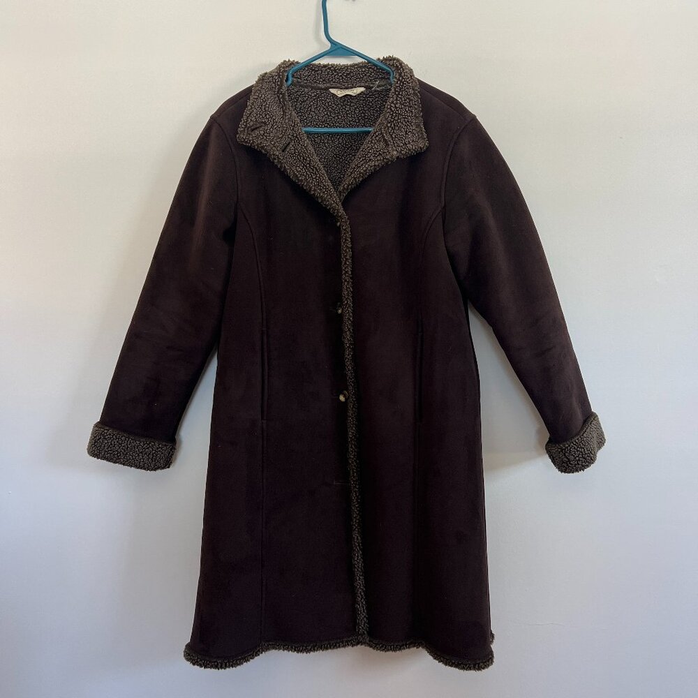 LL Bean Faux Suede Long Sherpa Lined Coat, Medium
